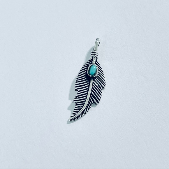 Sterling Silver Feather Pendant with Turquoise, Silver Pendants, Silver Charm - Picture 5 of 5